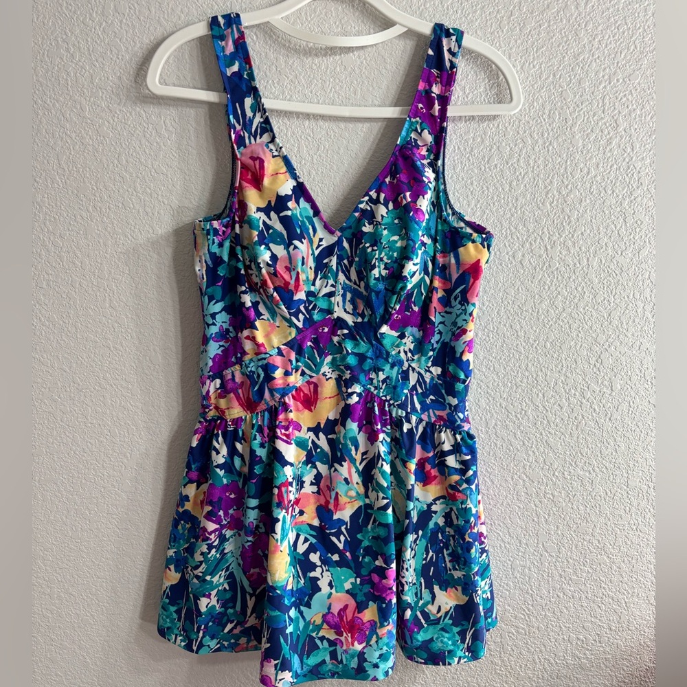 Maxine of Hollywood One Piece Swimsuit Dress Floral Tropical Swim Dress Size 12